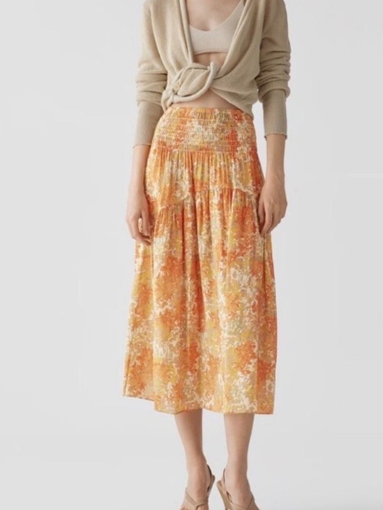 Vince Dresses & Skirts - Orange Floral Smocked Midi Skirt